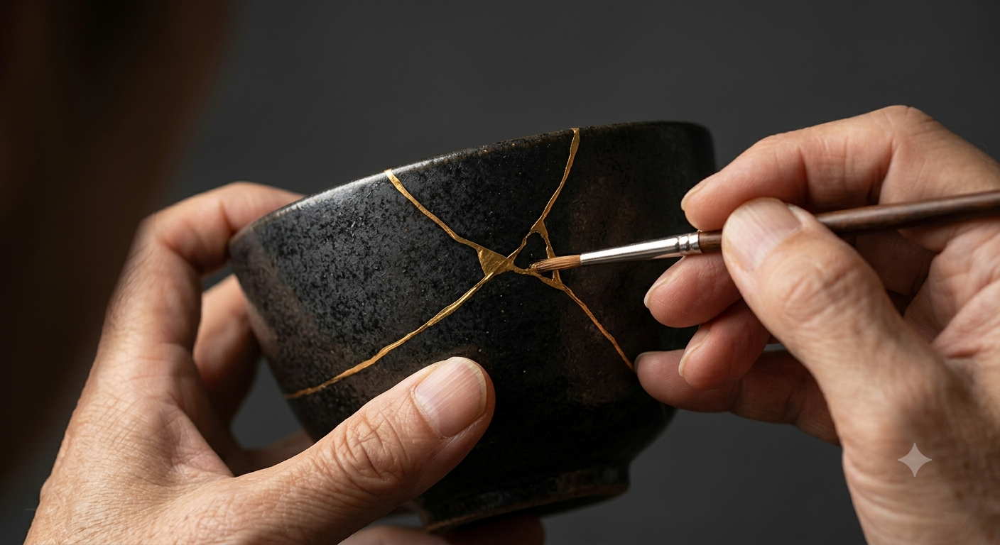 Kintsugi gold repair technique on ceramic bowl