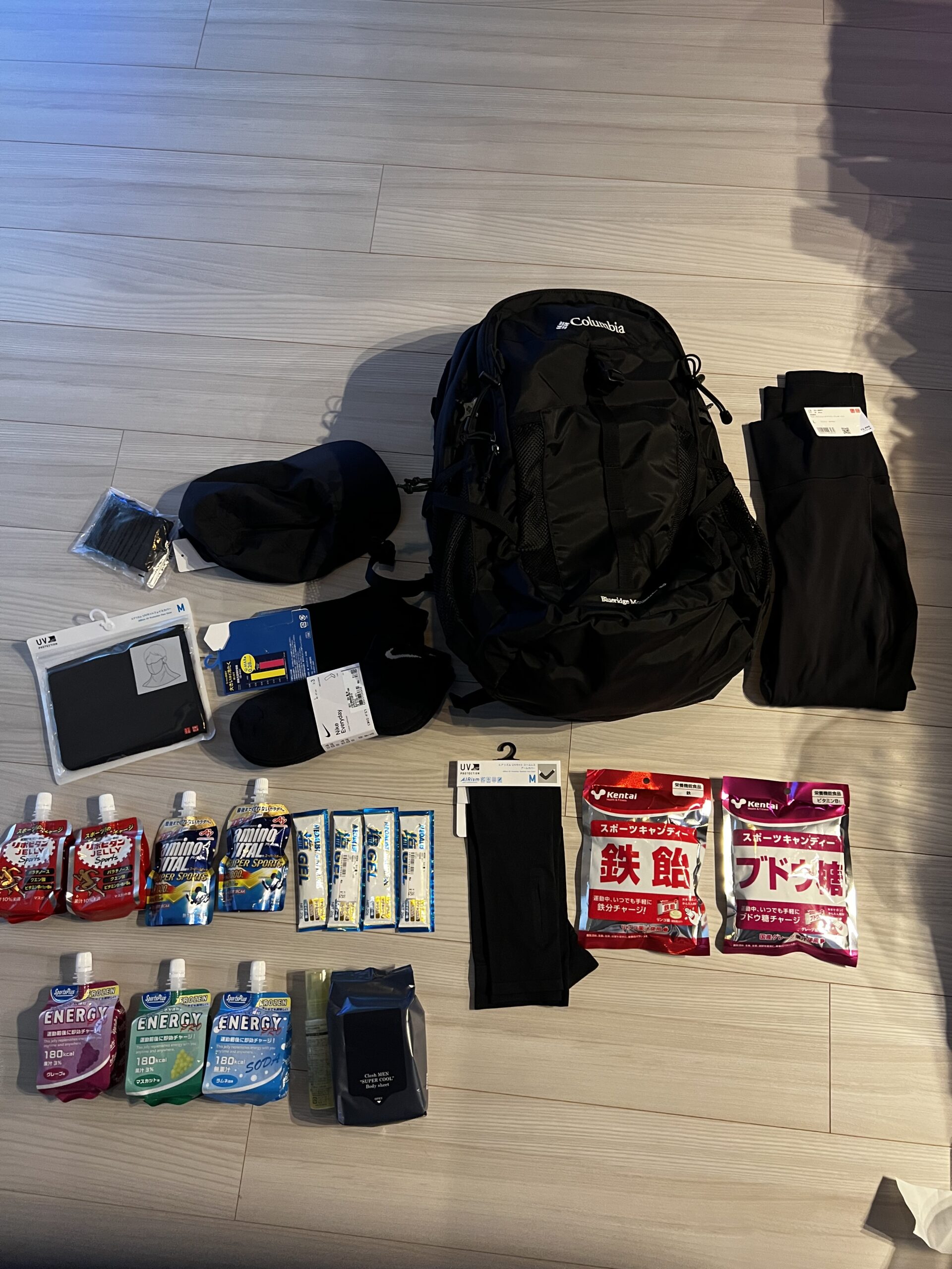 Full gear laid out before a Mount Fuji sunrise climb