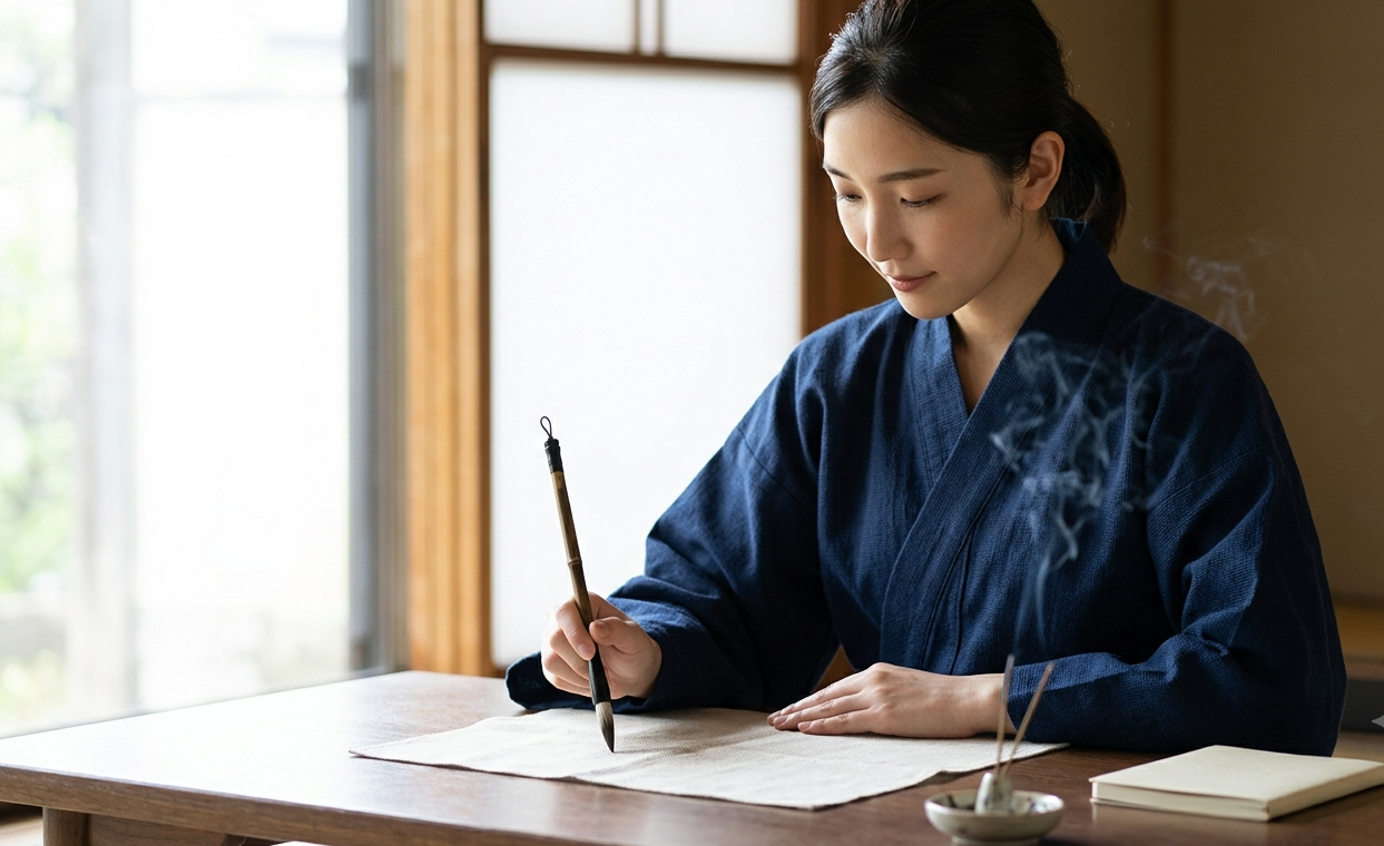 Writing calligraphy in a traditional Japanese room
